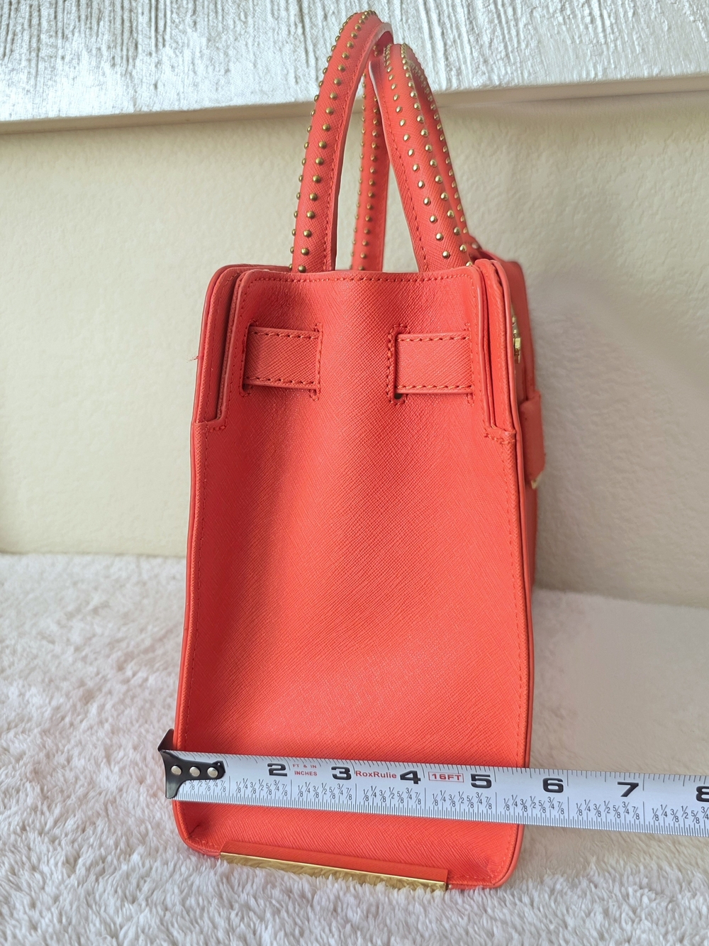 π§‘ Kenneth Cole Coral Orange Top Handle Gold Studded Tote Bag Detachable Strap - Picture 13 of 13